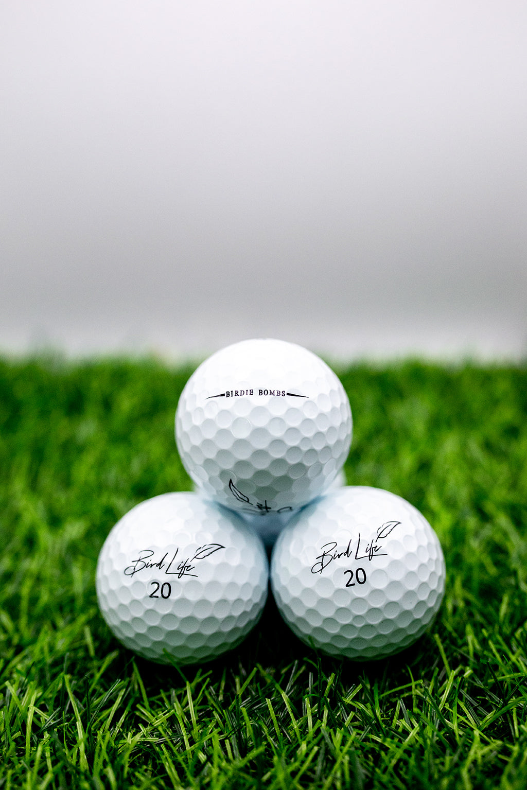 Golf balls that are branded with The bird Life logo and the Birdie Bombs guide line.